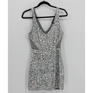 Vtg Bebe $198 Small Silver Sequin Mesh Side Panel Vneck Bodycon Mini Dress *flaw
